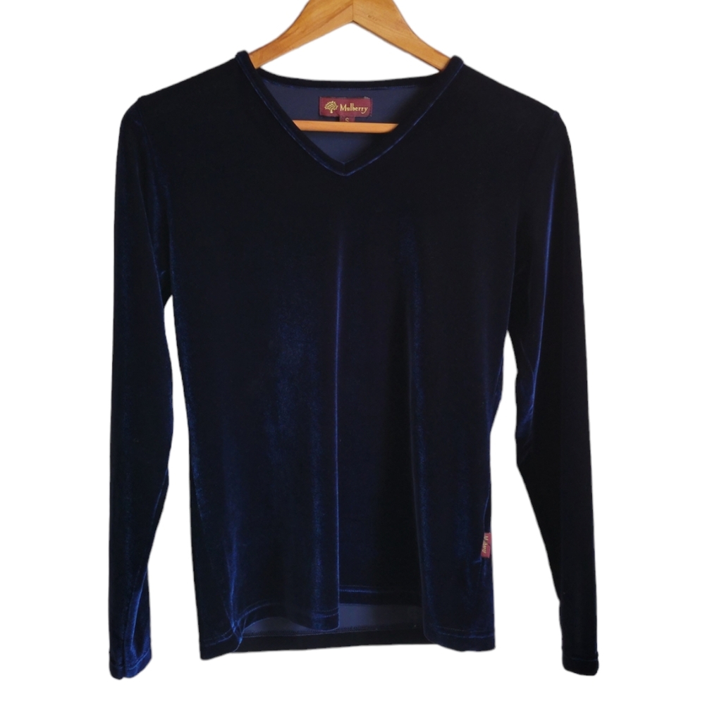 MULBERRY Velour V-Neck Top Navy Small